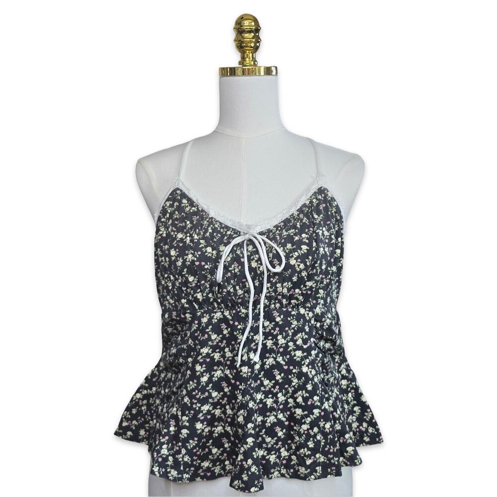 Free People Sammi Floral Cami Top XL Washed Black Eyelet Lace Trim Peplum NWT